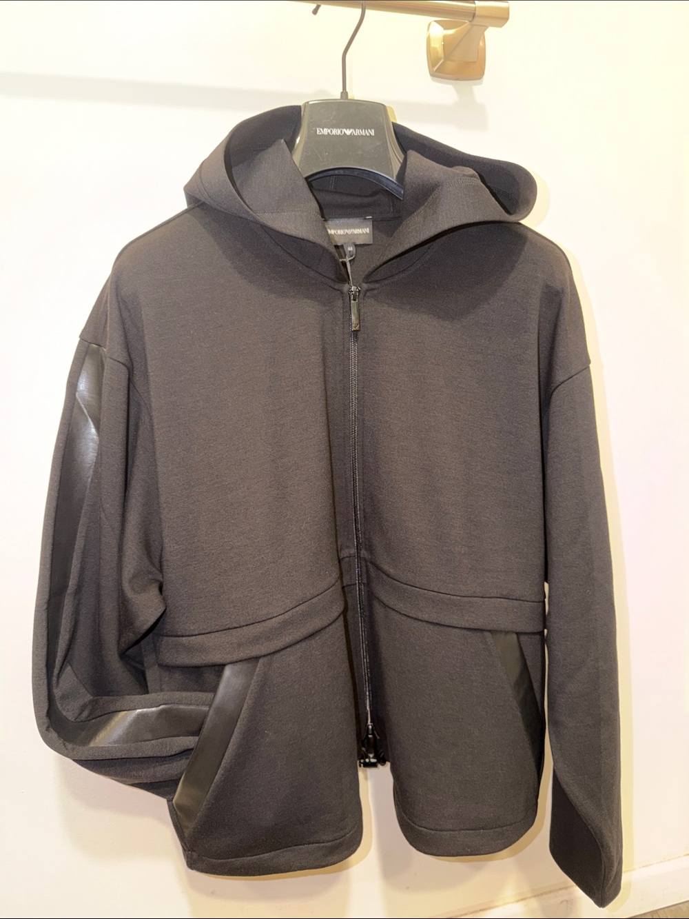 Emporio Armani Black Hooded Zip Bomber with Matte Panel Accents